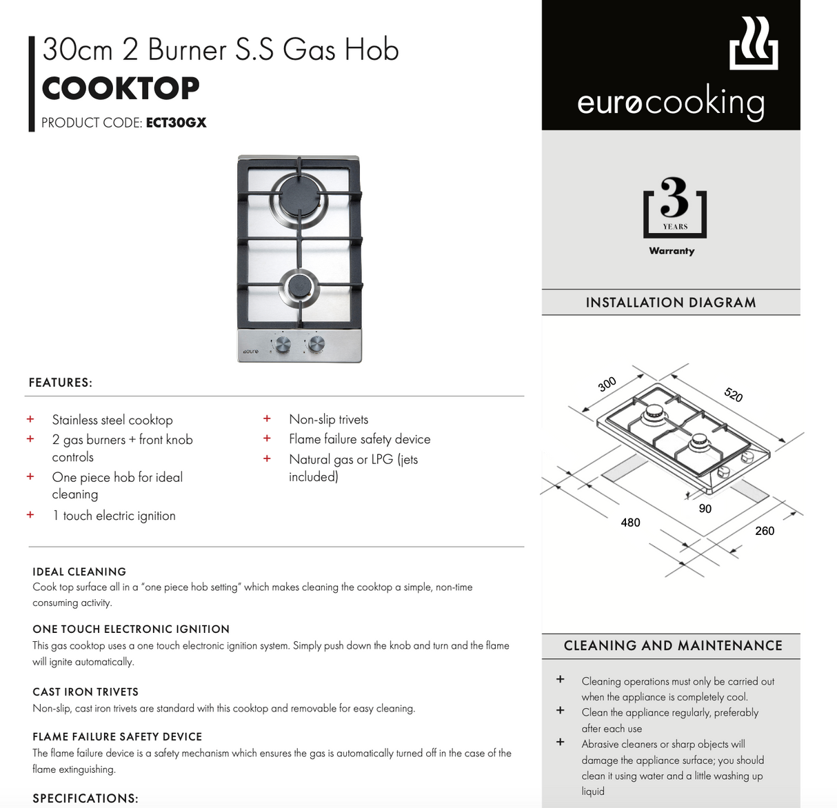 Euro Appliances ECT30GX 30cm 2 Burner Stainless Steel Gas Hob Cooktop