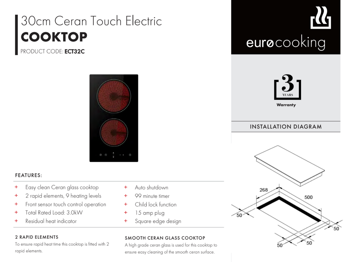 Euro Appliances ECT32C Cooktop Ceran Touch Electric 30cm