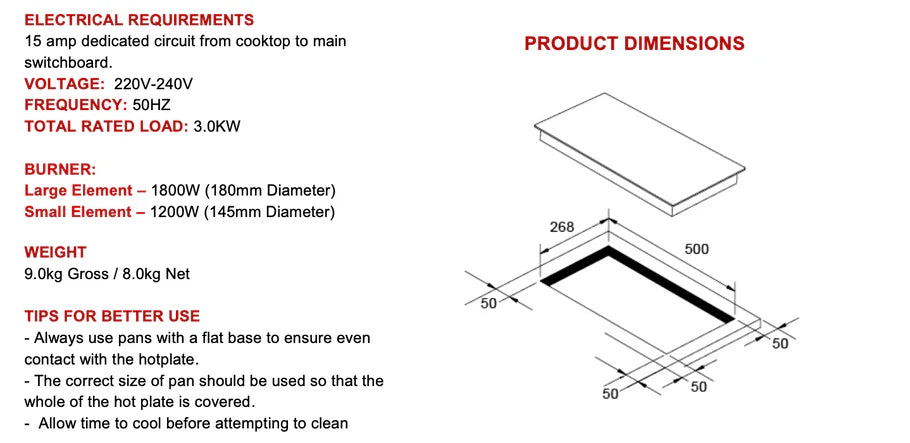 Euro Appliances ECT32C Cooktop Ceran Touch Electric 30cm