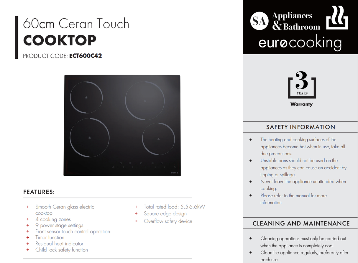 Euro Appliances ECT600C42 60cm Ceramic Cooktop