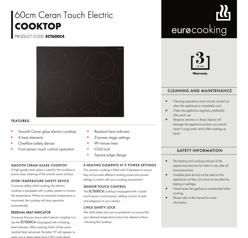 Euro Appliances ECT600C4 60cm Ceramic Cooktop - Ex Display Discount