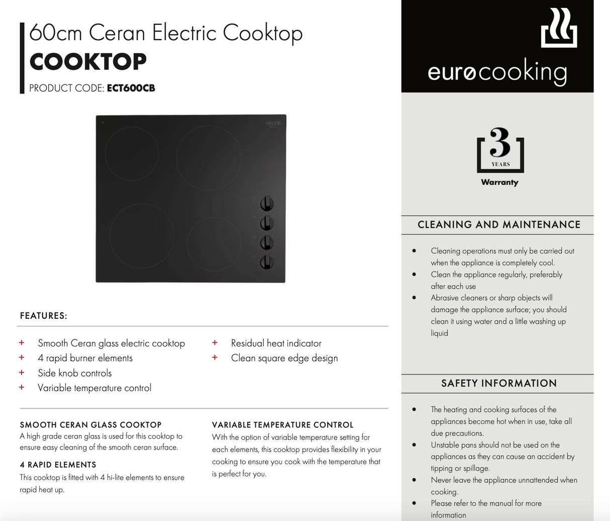 Euro Appliances ECT600CB 60cm Electric Ceran Glass Cooktop