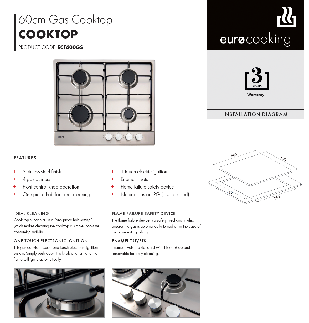 Euro Appliances ECT600GS Stainless Steel Gas Cooktop