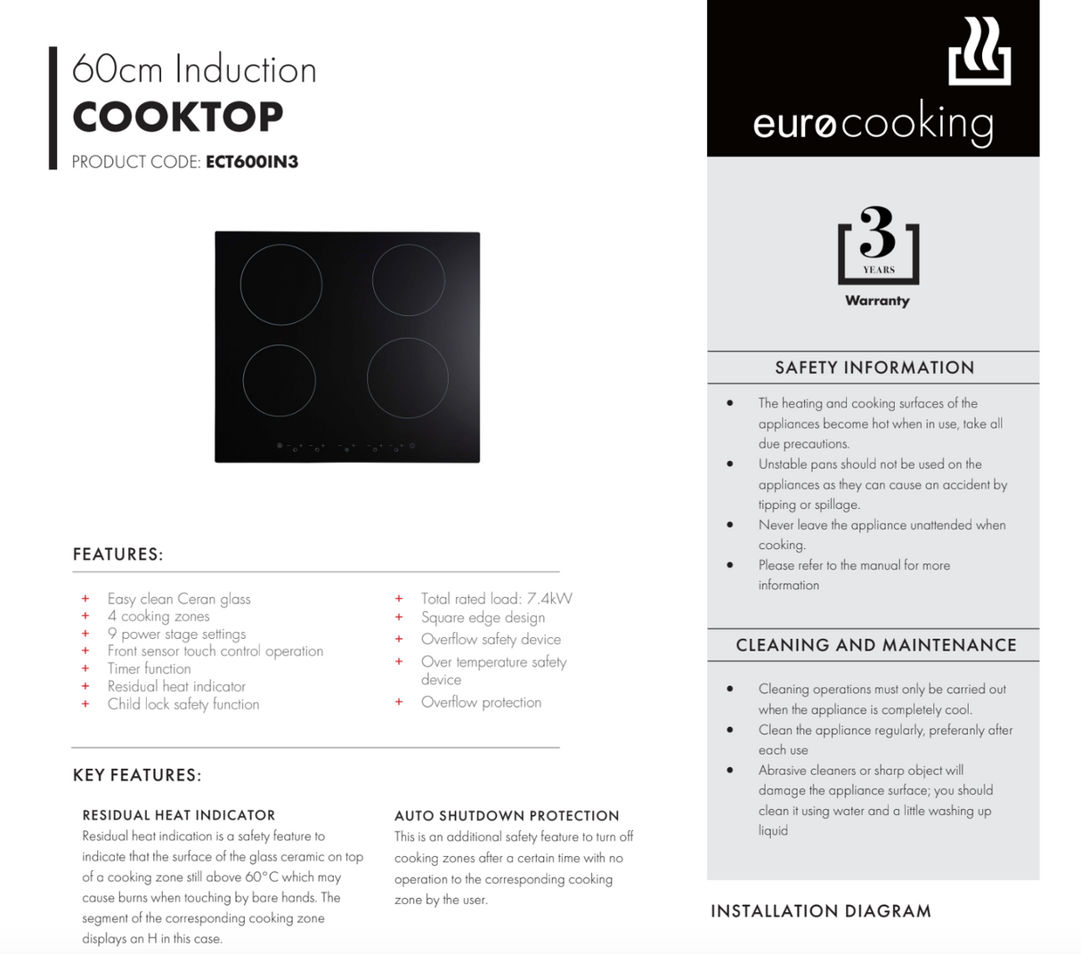 Euro Appliances ECT600IN3 60cm Induction Cooktop - Special Order