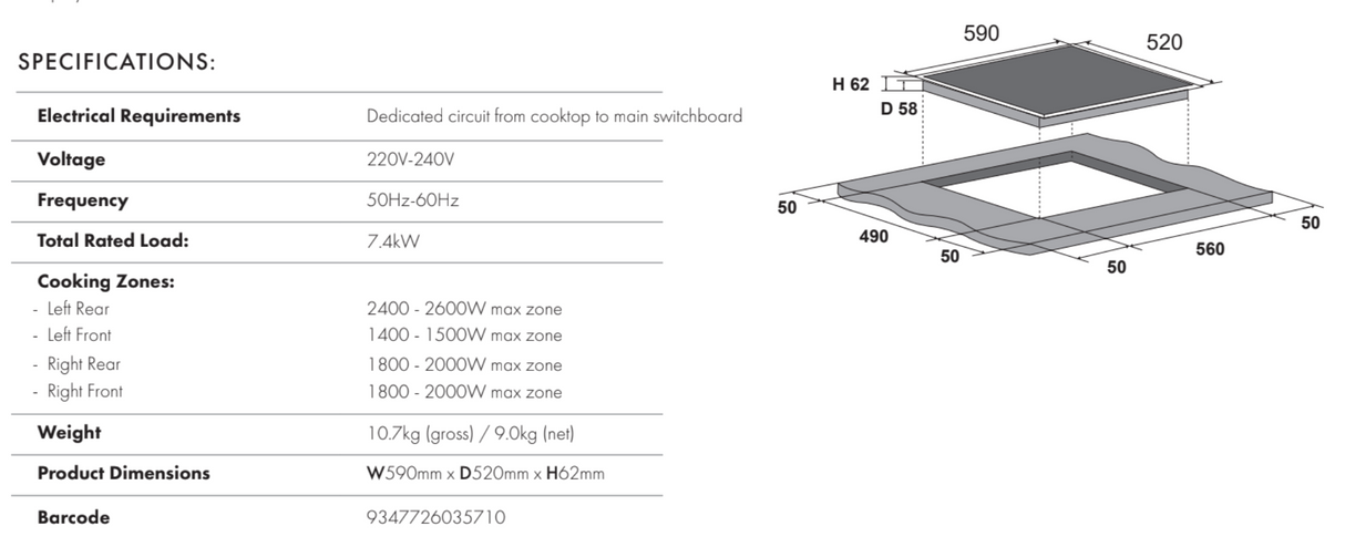Euro Appliances ECT600IN3 60cm Induction Cooktop - Special Order