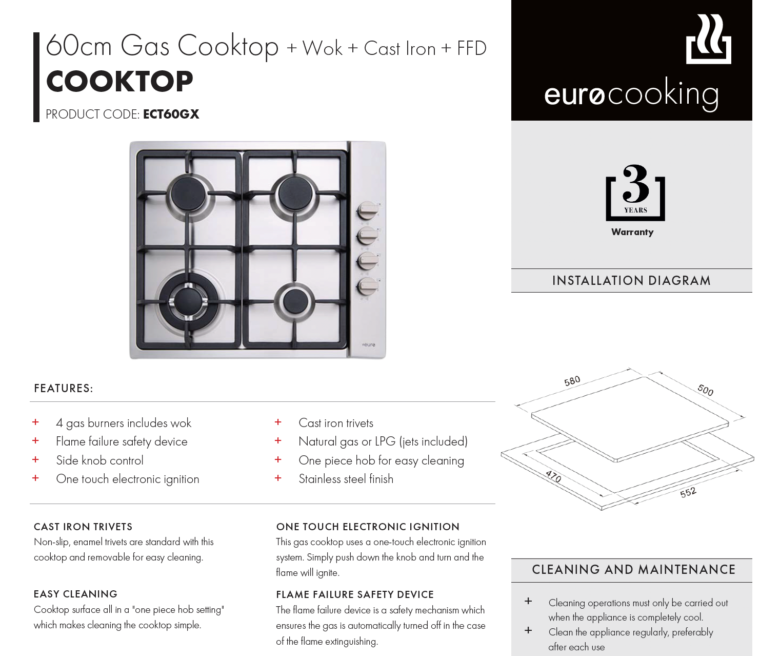 Euro Appliances ECT60GX Cooktop Stainless Steel Gas Cooktop
