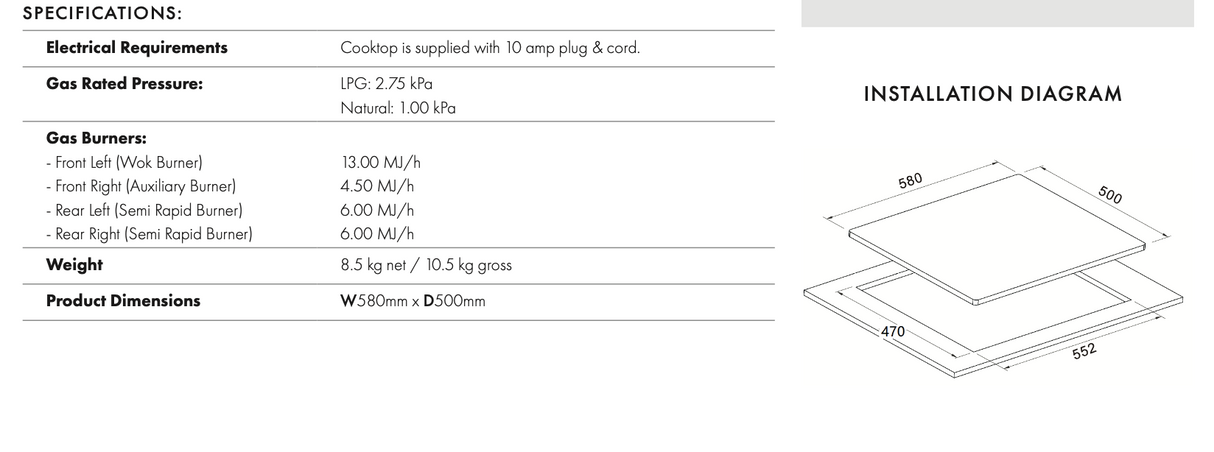 Euro Appliances ECT60WCX 60cm Stainless Steel Natural Gas Cooktop