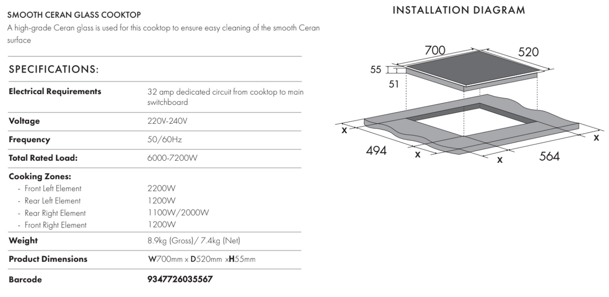 Euro Appliances ECT70C63 70cm Ceramic Cooktop
