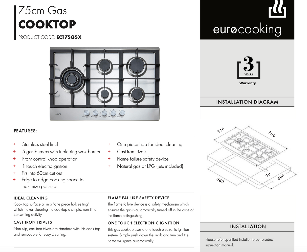 Euro Appliances ECT75G5X 75cm Stainless Steel Gas Cooktop