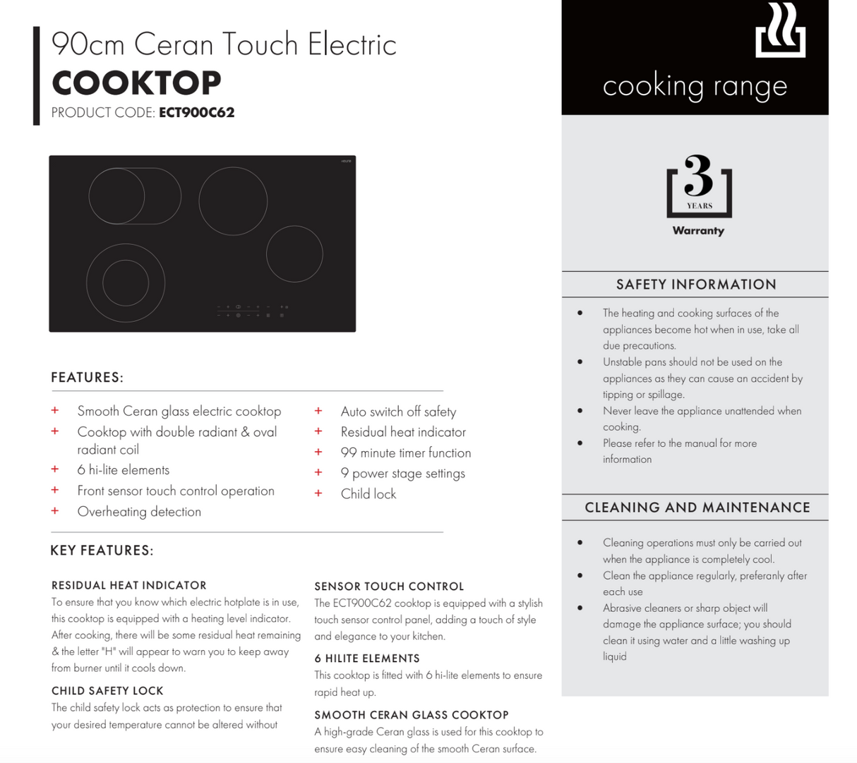 Euro Appliances ECT900C62 90cm Electric Cooktop - Special Order