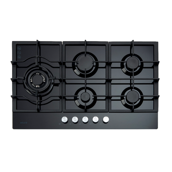 Euro Appliances Ect900Gbk2 90Cm 5 Burner Gas On Glass Cooktop