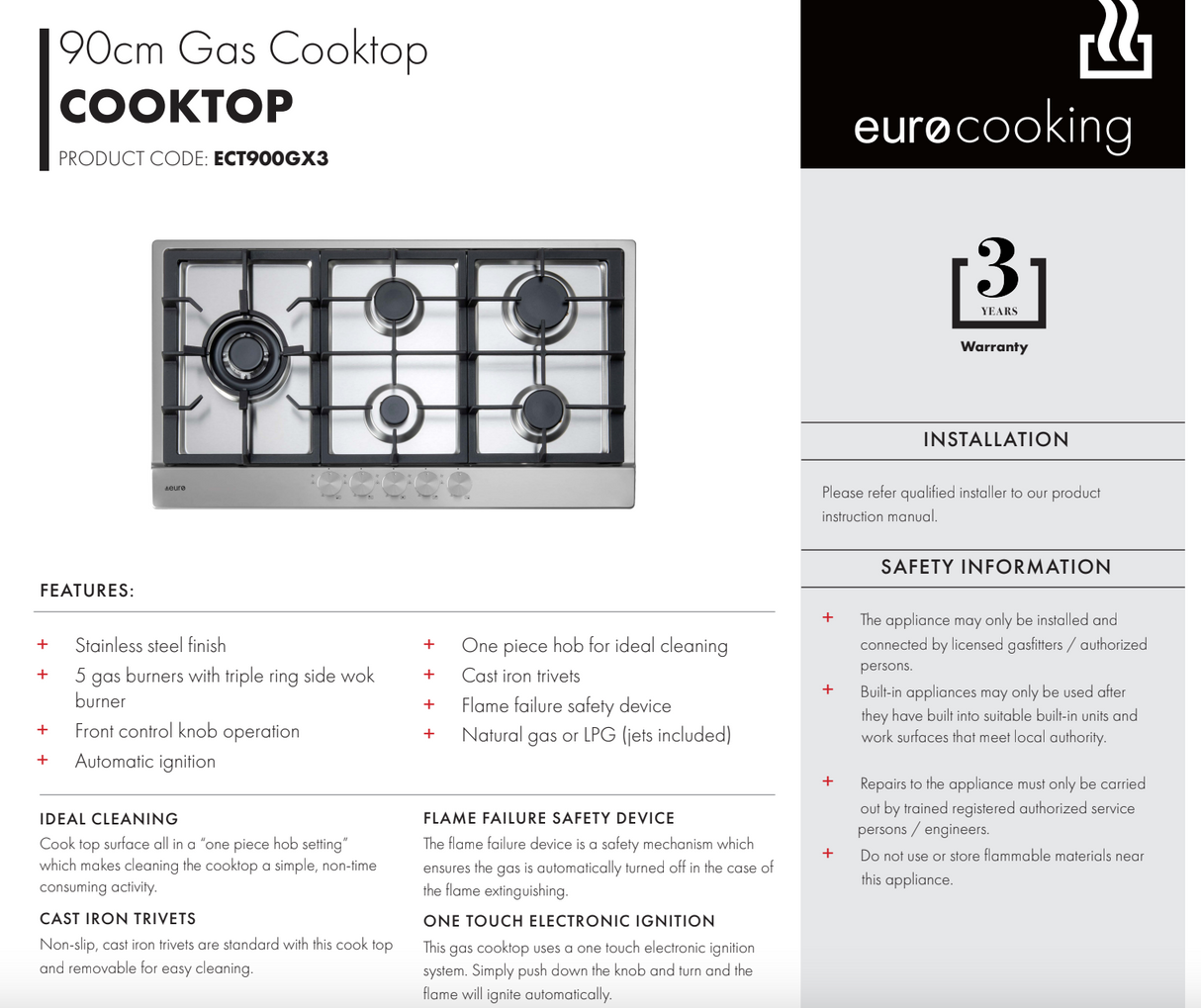 Euro Appliances ECT900GX3 90cm Stainless Steel Gas Cooktop