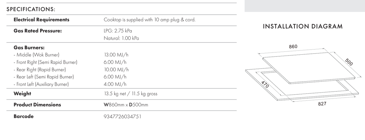 Euro Appliances ECT900GX3 90cm Stainless Steel Gas Cooktop