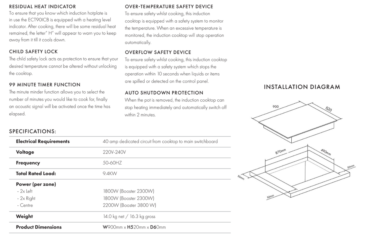Euro Appliances ECT90ICB 90cm Induction Cooktop - Ex Display