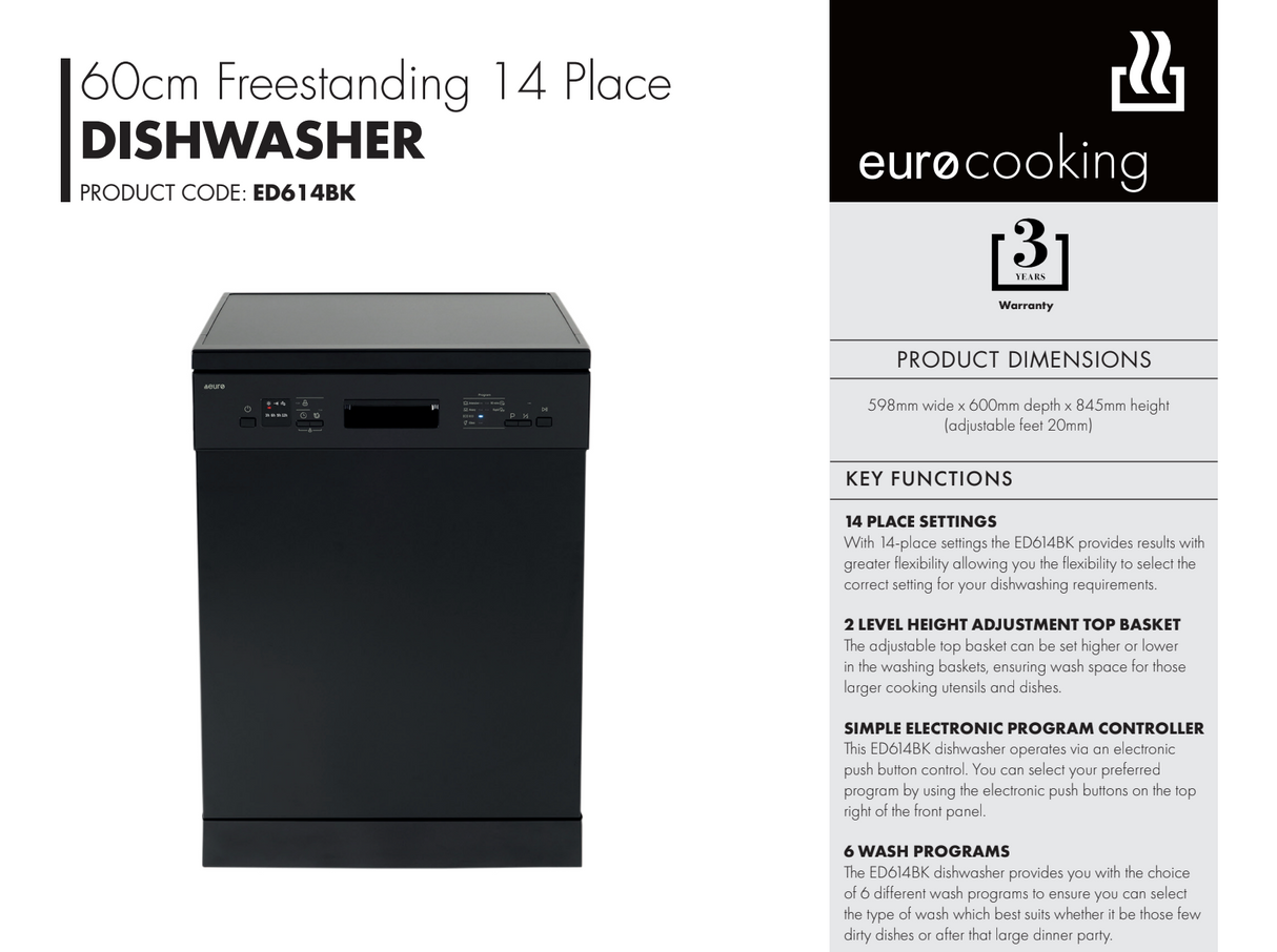 Euro Appliances ED614BK 60cm Black Finish Dishwasher