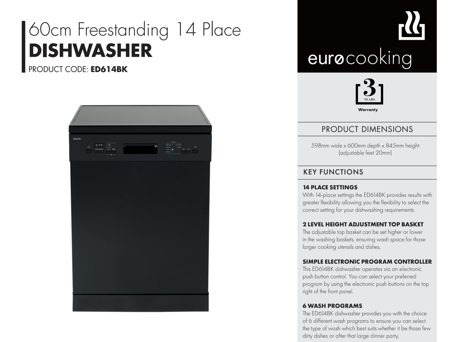 Euro Appliances ED614BK 60cm Black Finish Dishwasher