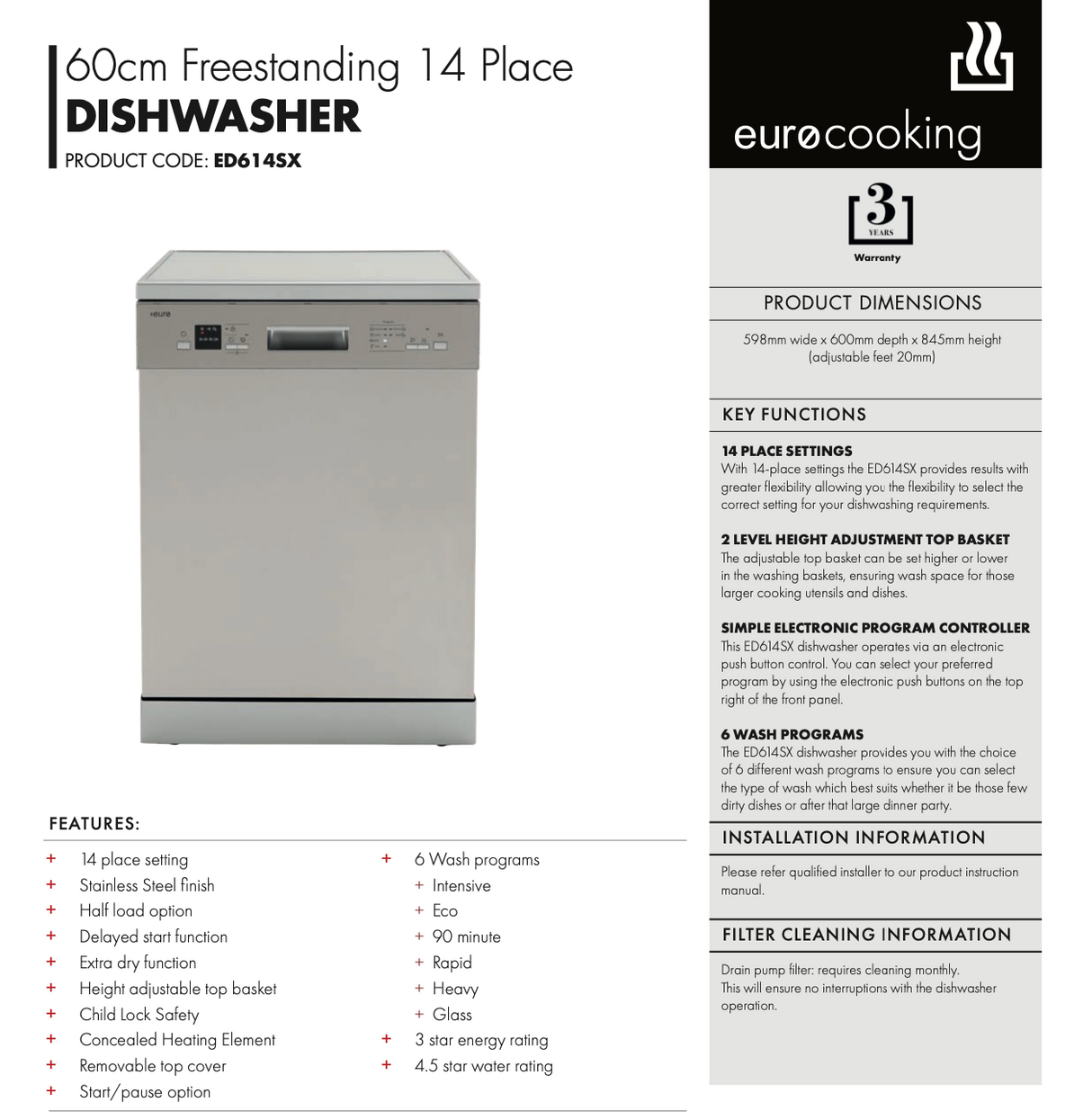 Euro Appliances ED614SX Freestanding Stainless Steel Dishwasher