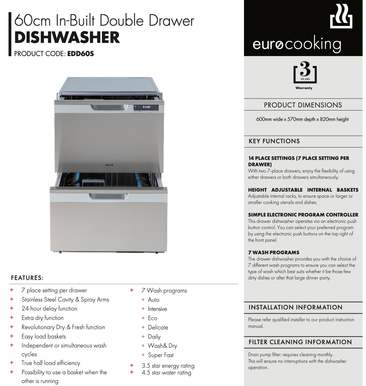 Euro Appliances EDD60S 60cm In-Built Double Drawer Dishwasher