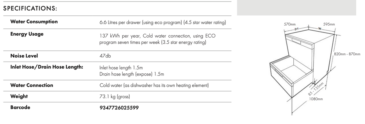 Euro Appliances EDD60S 60cm In-Built Double Drawer Dishwasher