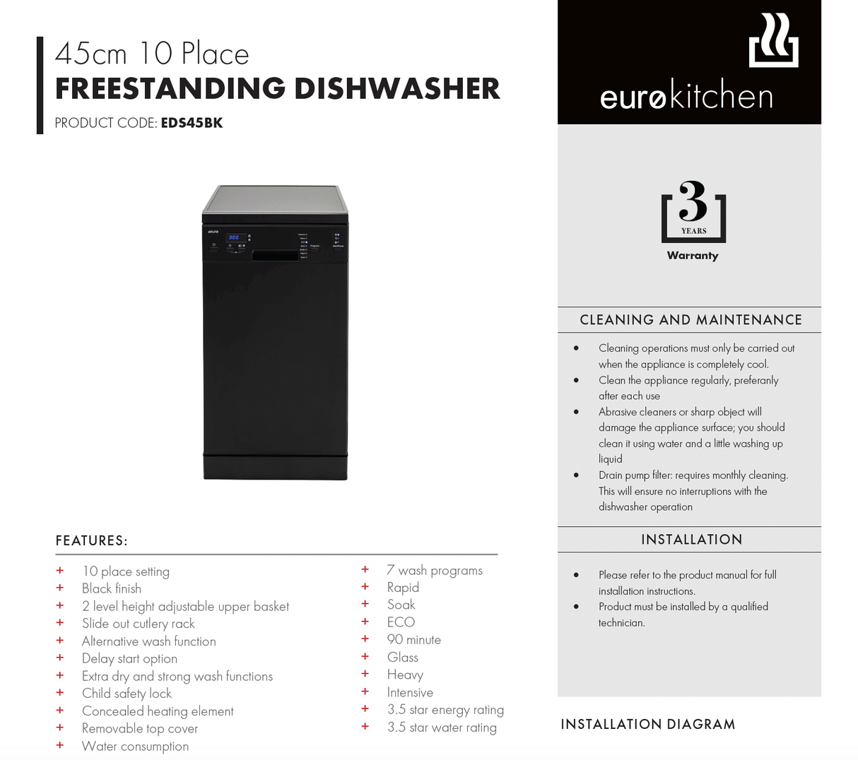 Euro Appliances EDS45BK 45cm Black Finish Dishwasher with Top Cutlery Draw