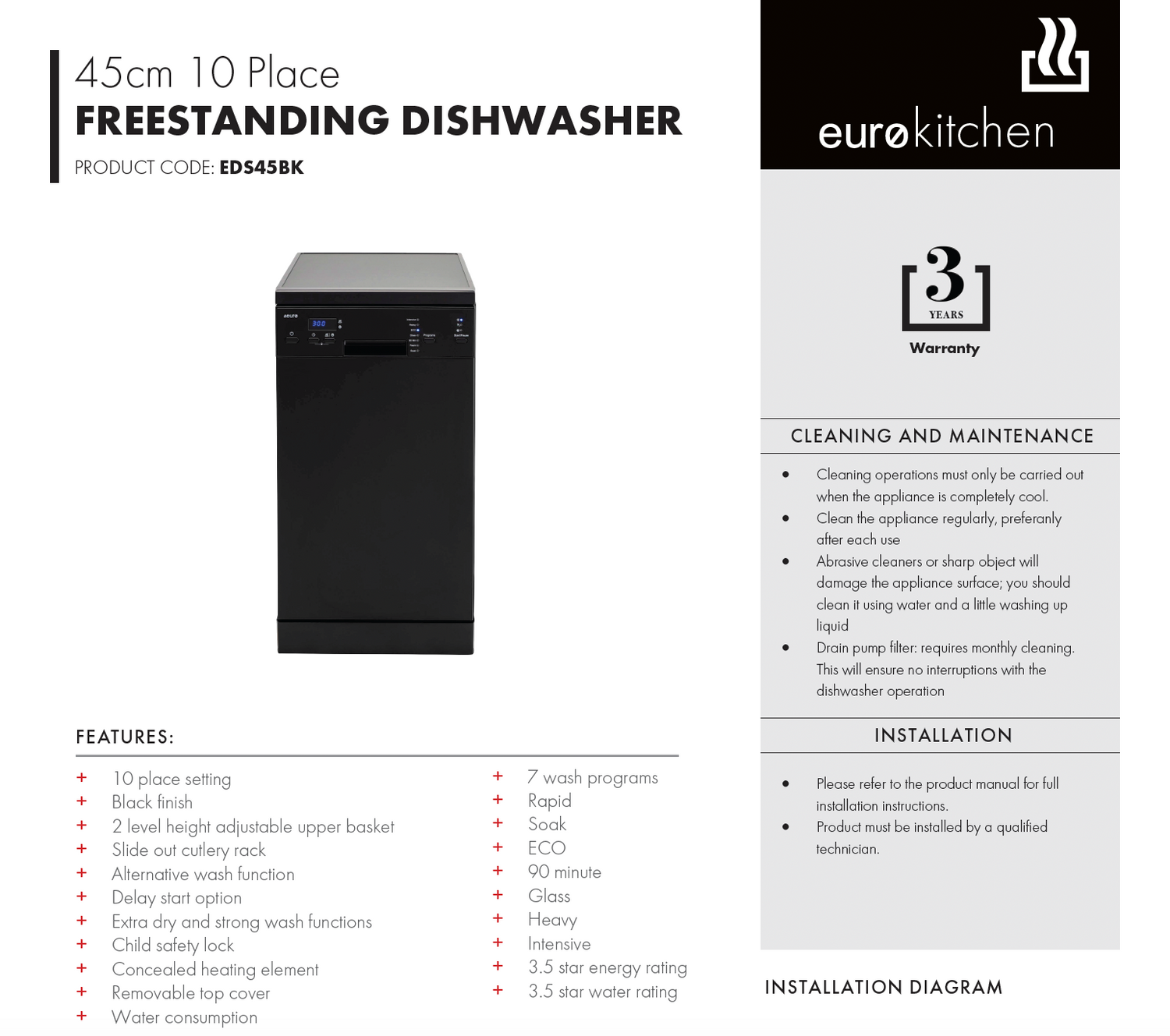Euro Appliances EDS45BK 45cm Black Finish Dishwasher with Top Cutlery Draw