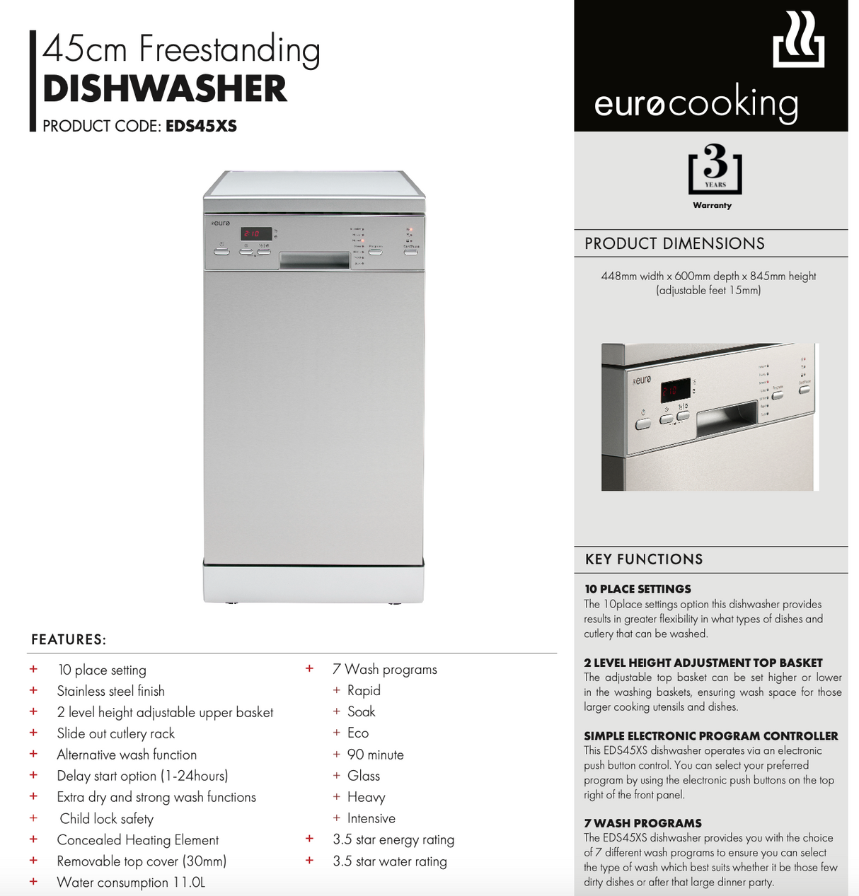 Euro Appliances EDS45XS 45cm Stainless Steel Dishwasher with Top Cutlery Draw
