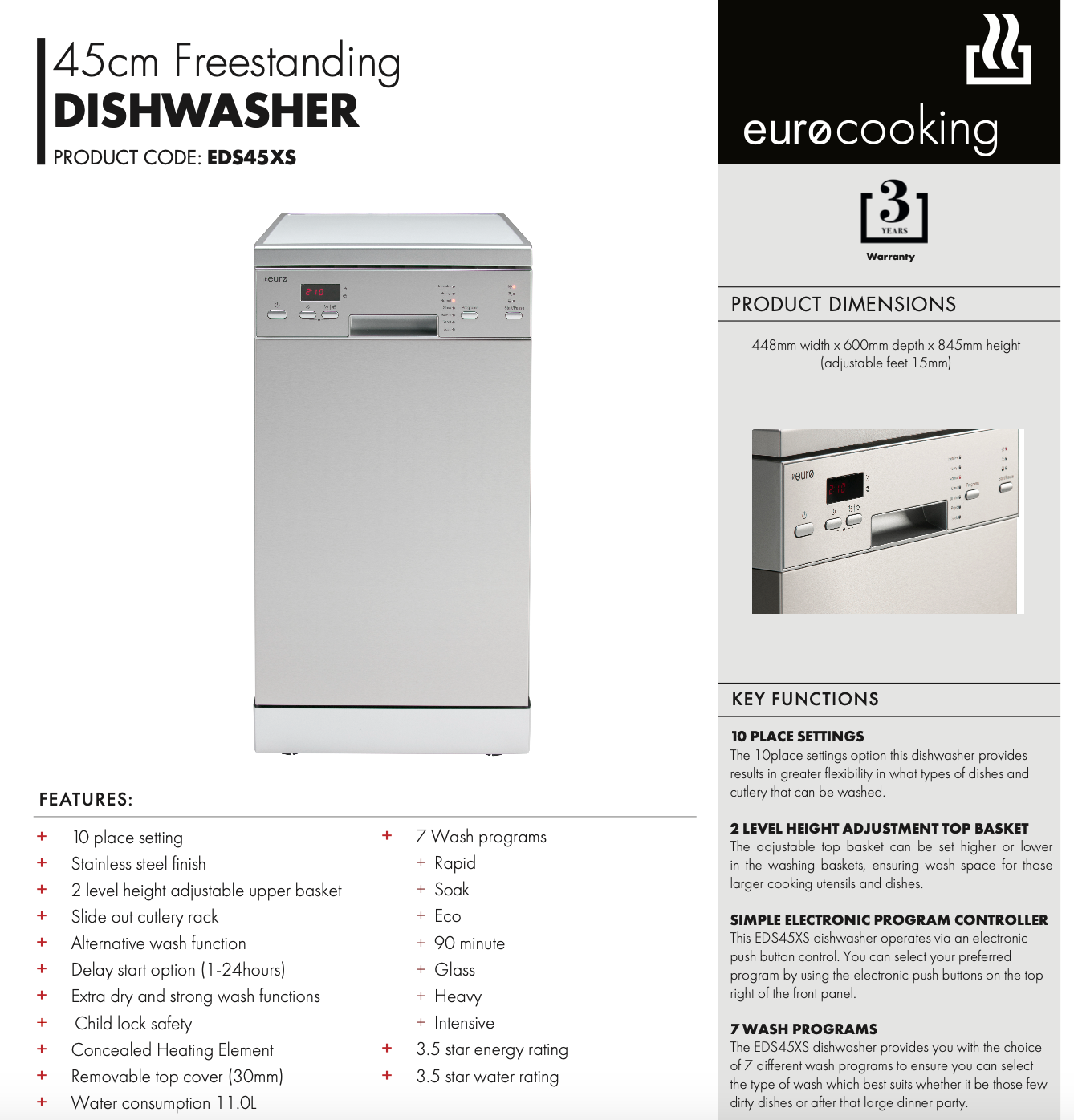 Euro Appliances EDS45XS 45cm Stainless Steel Dishwasher with Top Cutlery Draw