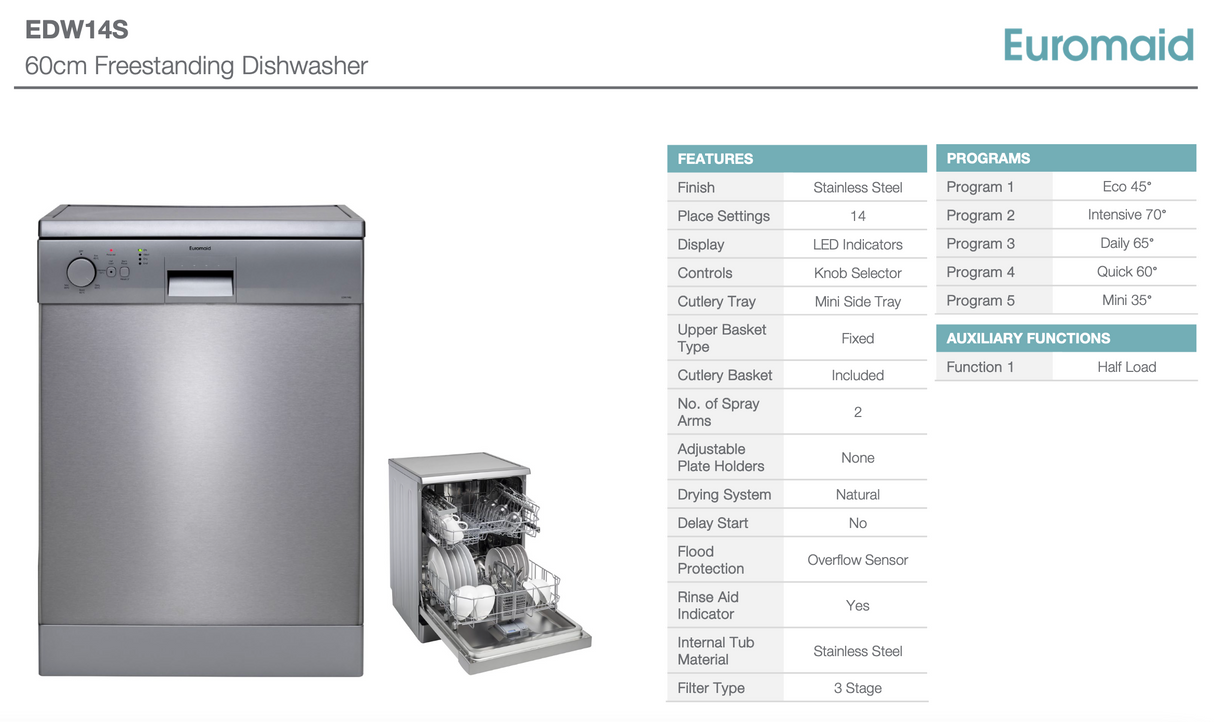 Euromaid EDW14S Stainless Steel Premium European Made Dishwasher - Ex Display Discount