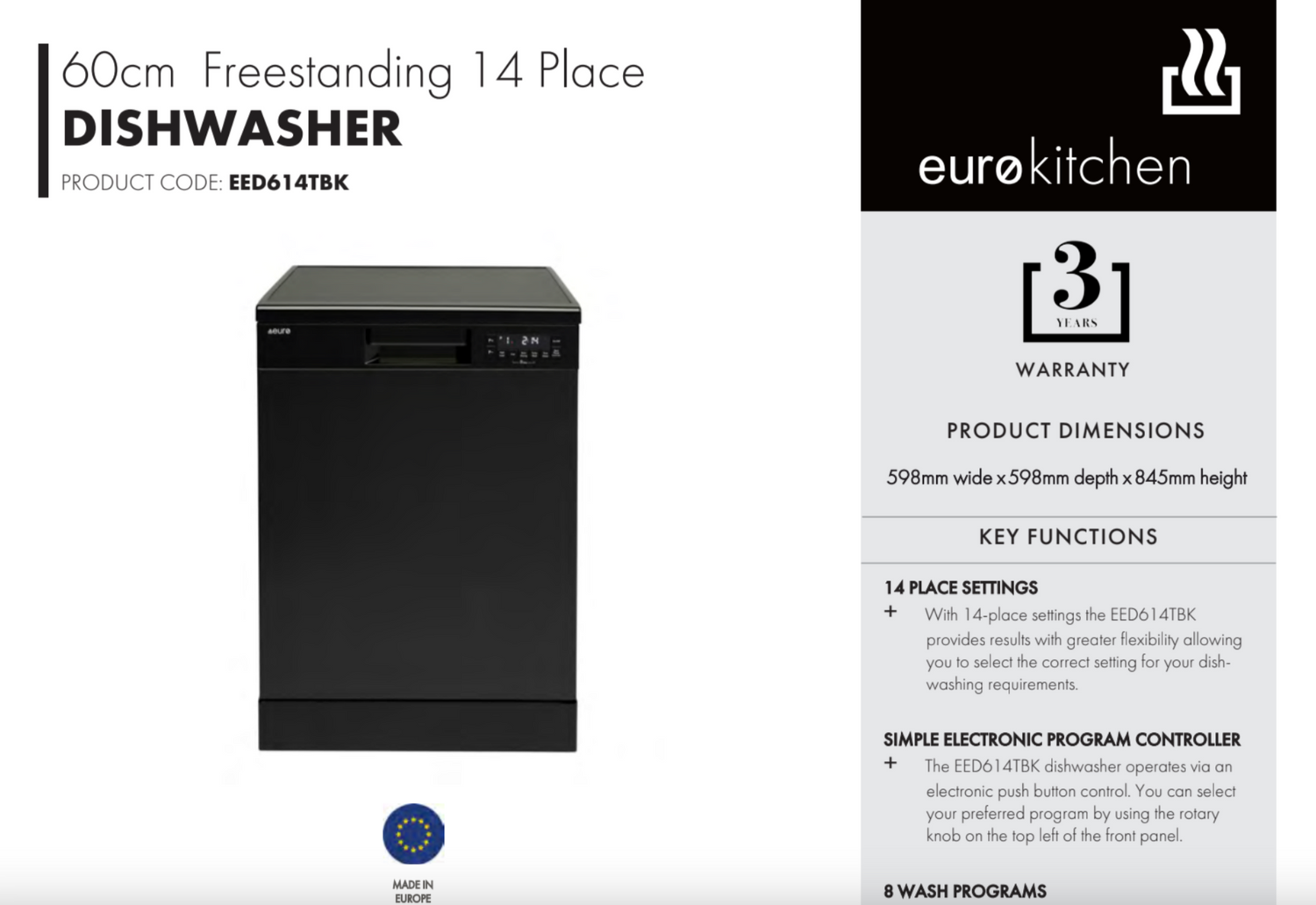 Euro Appliances EED614TBK 60cm Black Finish Dishwasher - Special Order