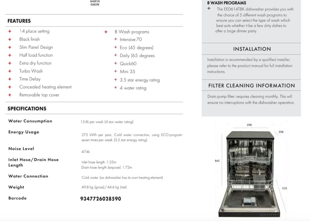 Euro Appliances EED614TBK 60cm Black Finish Dishwasher - Special Order