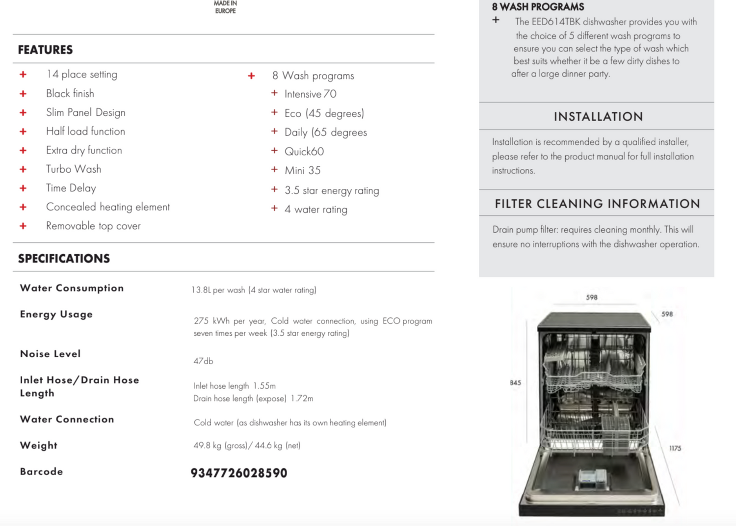Euro Appliances EED614TBK 60cm Black Finish Dishwasher - Special Order