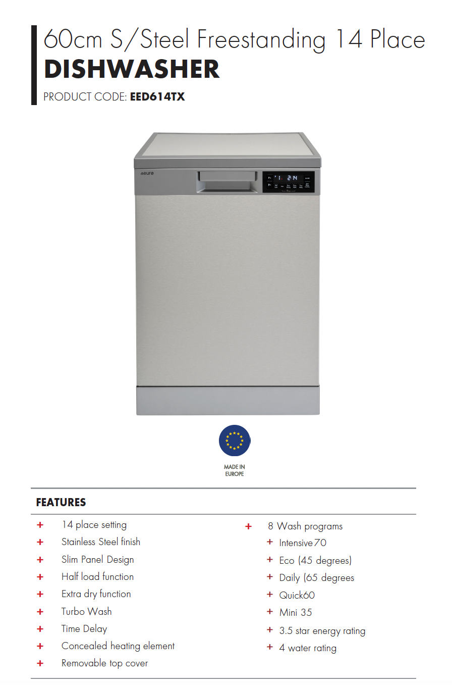 Euro Appliances Premium Series EED614TX 60cm Stainless Steel Dishwasher - Special Order