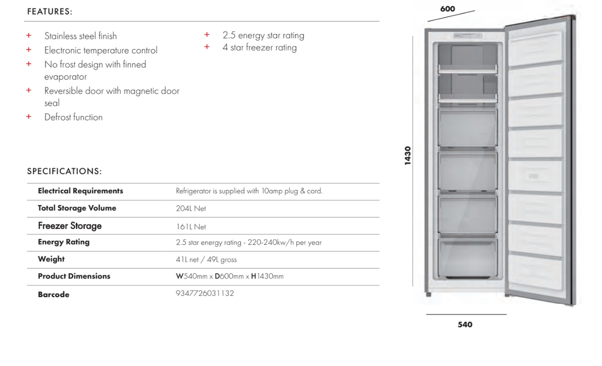 Euro Appliances EF204VFSS 204L Stainless Steel Upright Freezer - Online Only