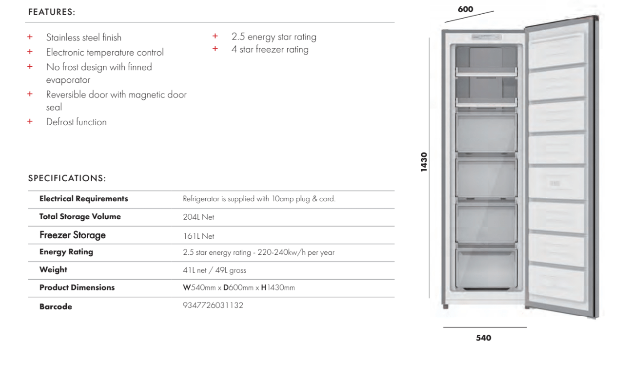 Euro Appliances EF204VFSS 204L Stainless Steel Upright Freezer - Online Only