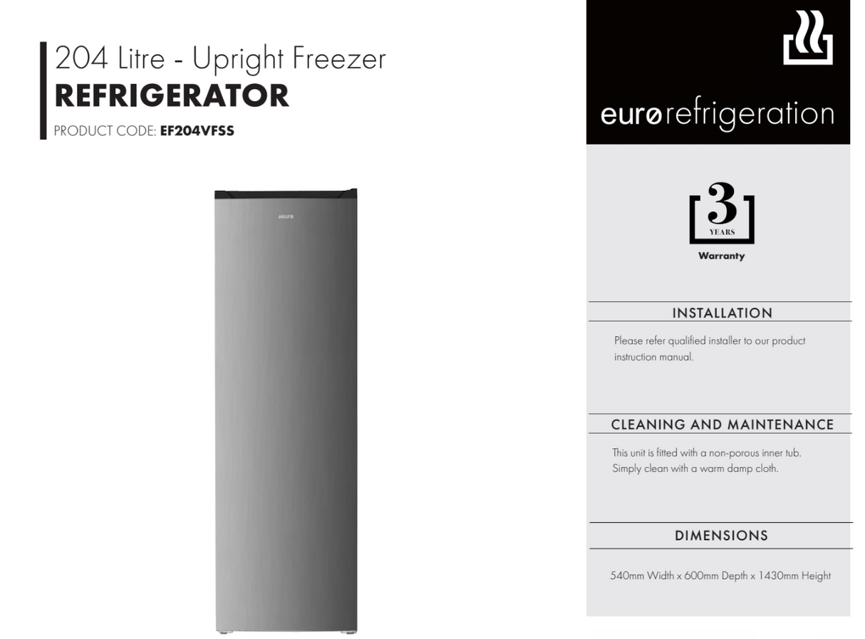 Euro Appliances EF204VFSS 204L Stainless Steel Upright Freezer - Online Only