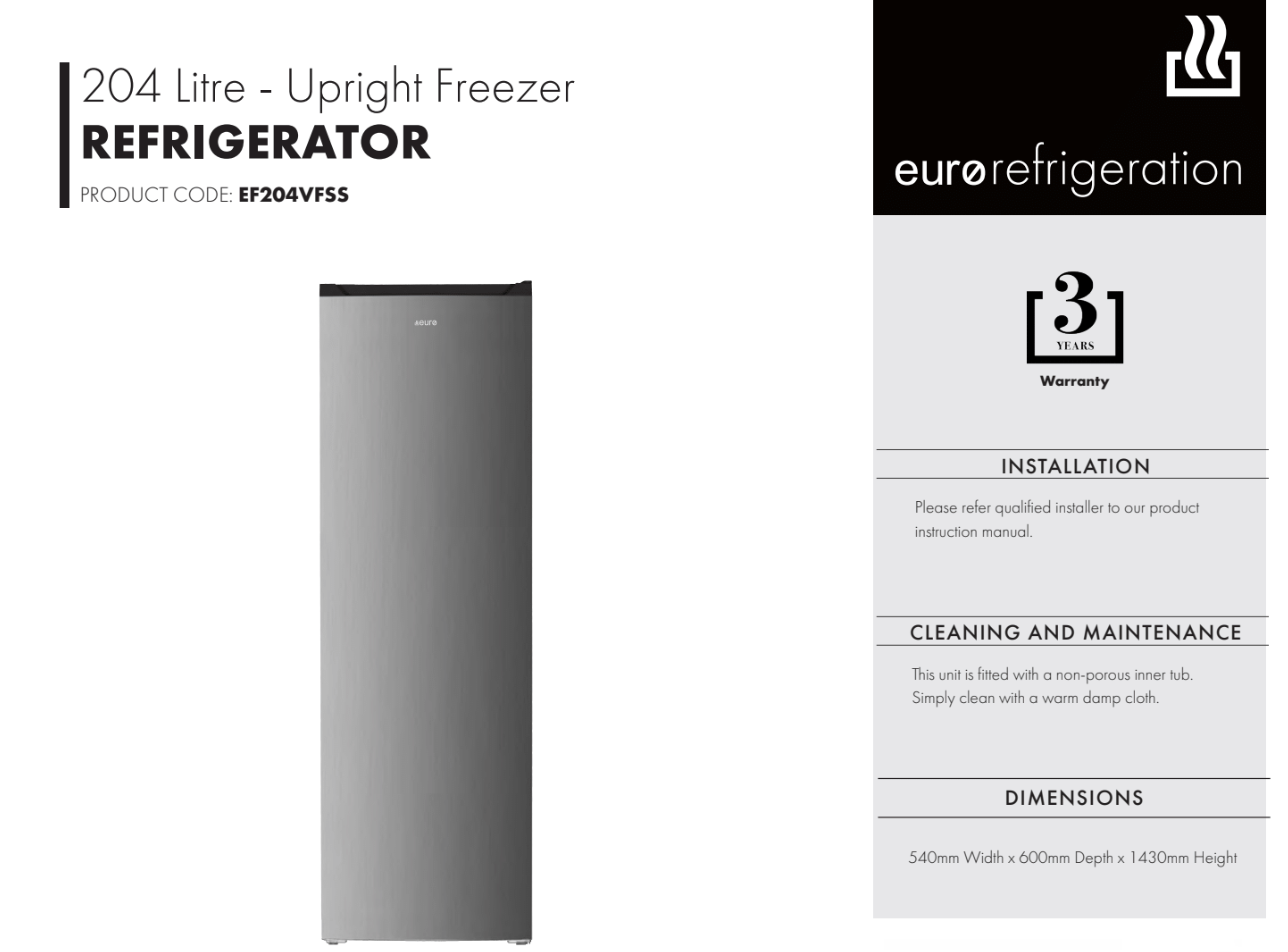 Euro Appliances EF204VFSS 204L Stainless Steel Upright Freezer - Online Only
