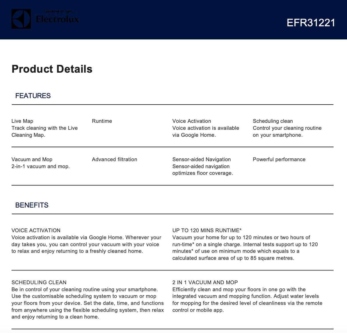 Electrolux EFR31221 UltimateHome 300 Robotic Vacuum + Mop, Blue - Brand New