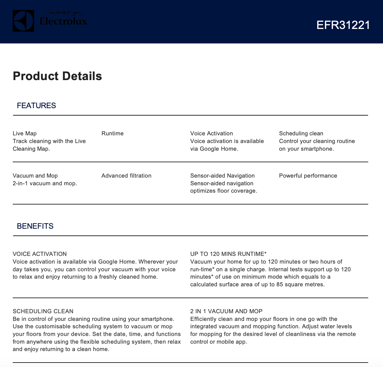 Electrolux EFR31221 UltimateHome 300 Robotic Vacuum + Mop, Blue - Brand New