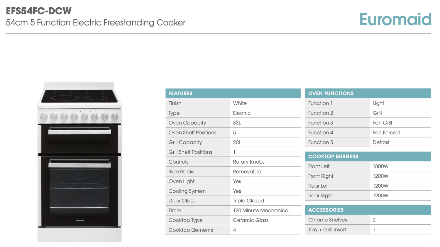 Euromaid EFS54FC-DCW 540mm White Electric Freestanding Cooker