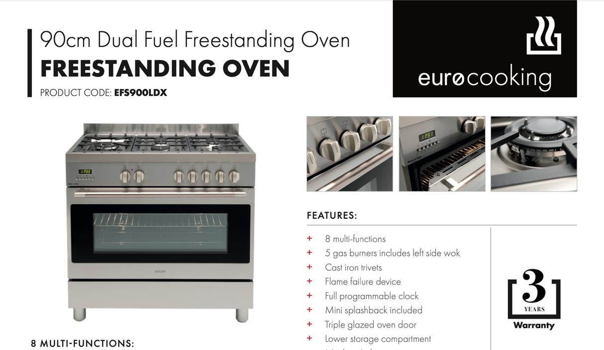 Euro Appliances EFS900LDX 90cm Italian Made Freestanding Dual Fuel Oven/Stove