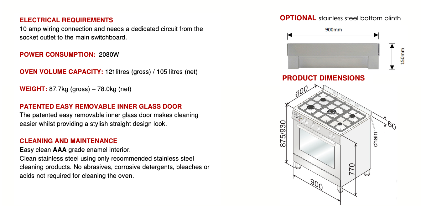 Euro Appliances EFS90GFSX 90cm Italian Made Gas Freestanding Oven/Stove