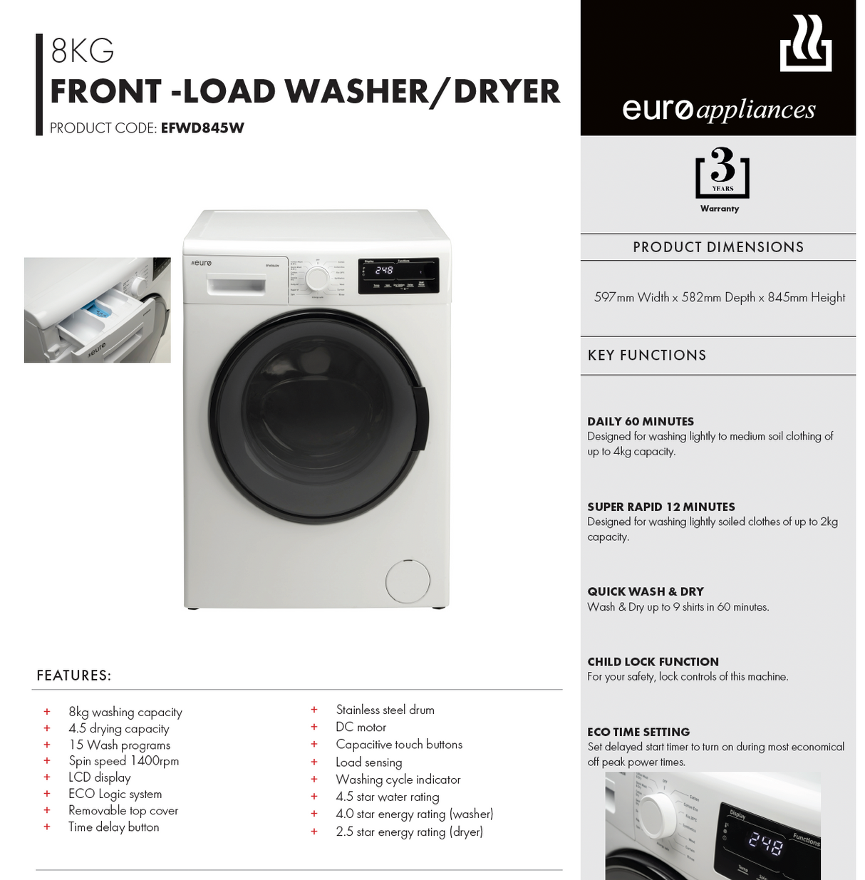 Euro Appliances EFWD845W 8kg/4.5kg Washer and Dryer Combo