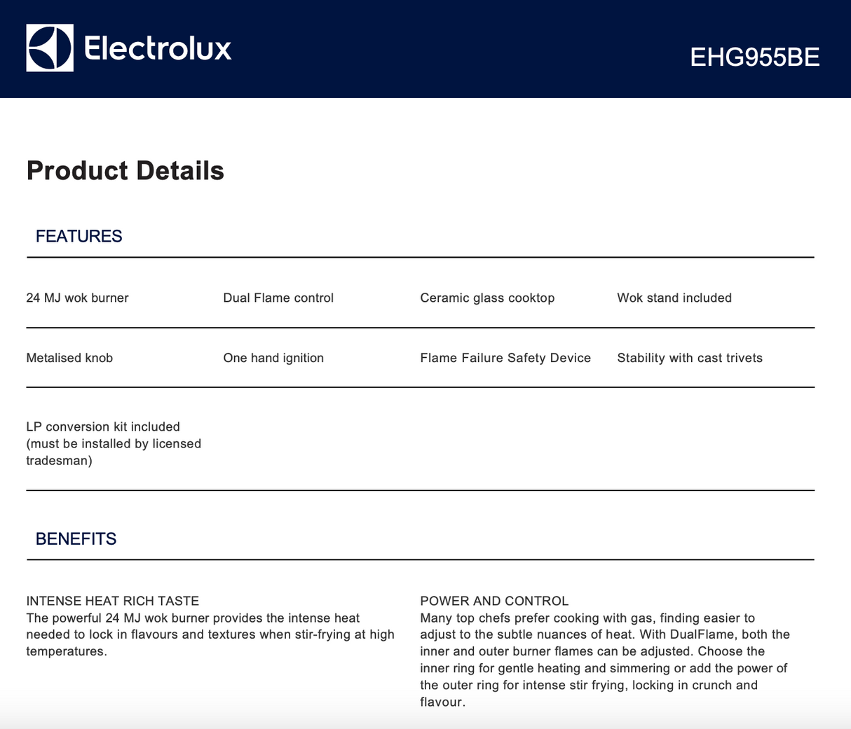 Electrolux EHG955BE 90cm Gas on Glass Cooktop - Electrolux Factory Seconds