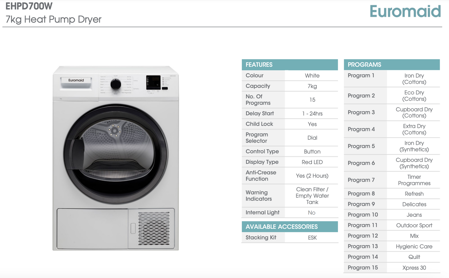 Euromaid EHPD700W 7kg Heat Pump Dryer - Online Only