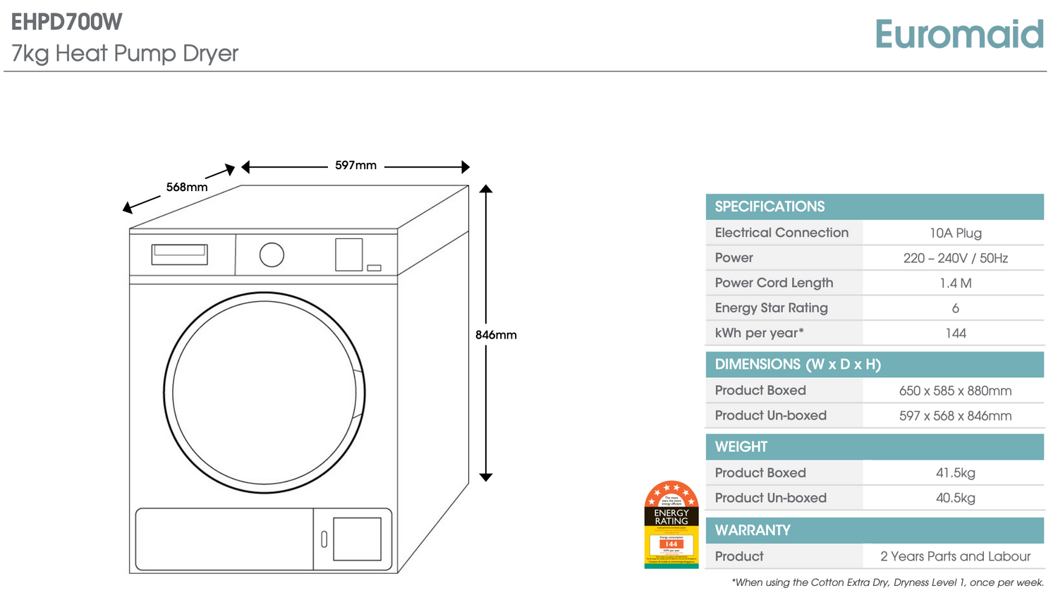 Euromaid EHPD700W 7kg Heat Pump Dryer - Online Only