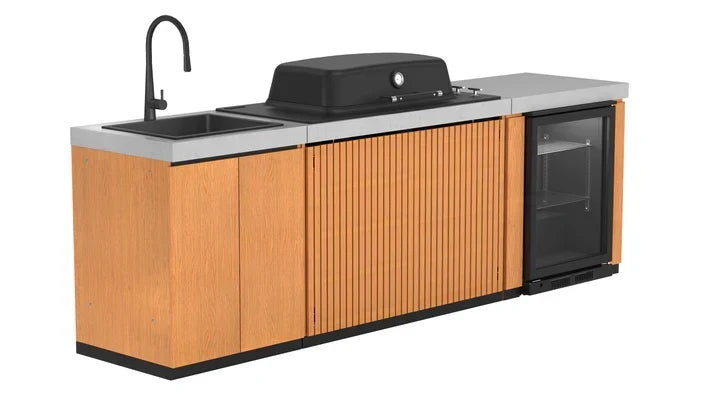 Everdure EK3B1ASBIM Seabreeze 3 Burner BBQ Timber Look Modular Outdoor Kitchen with Sink & Beverage Cooler