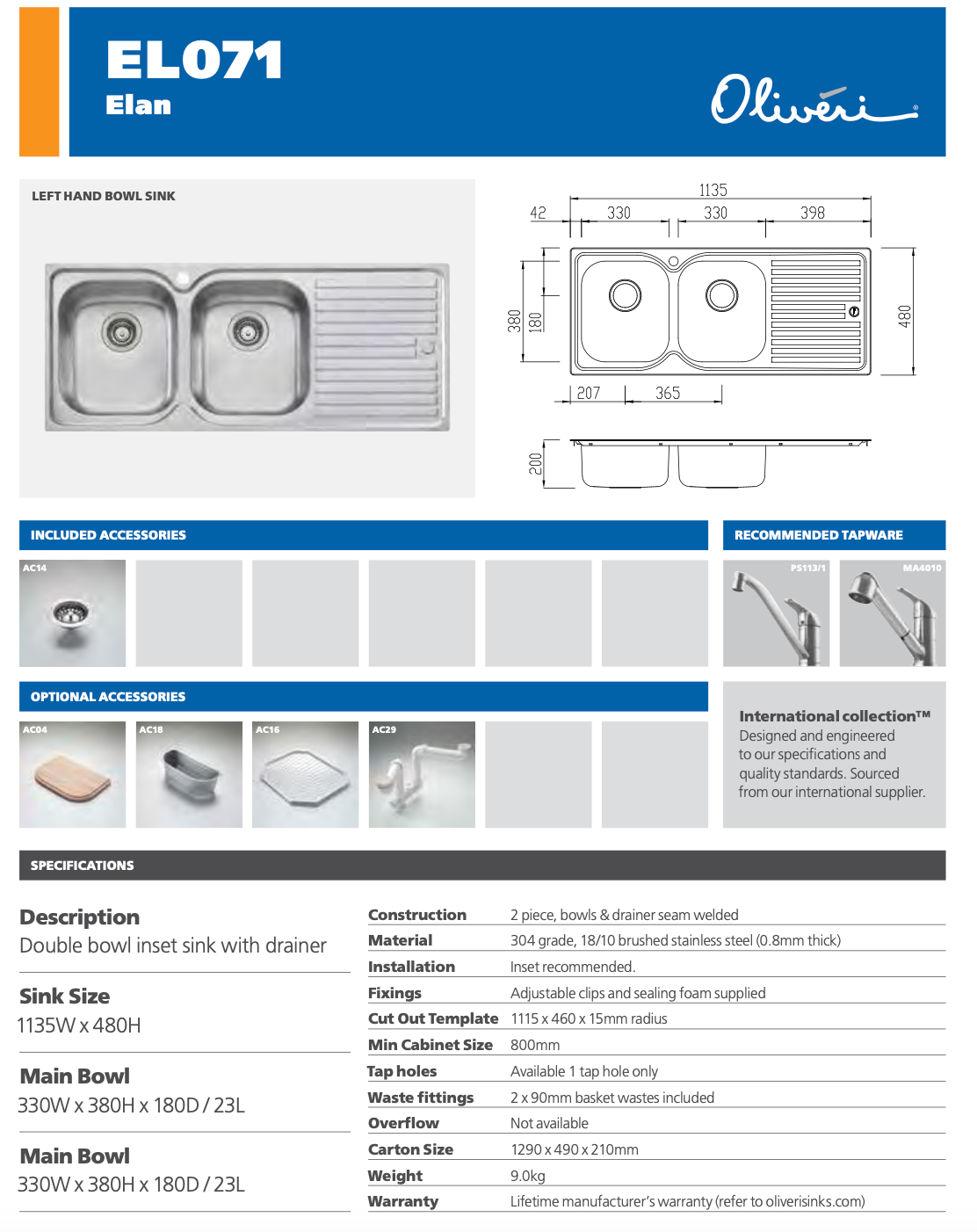 Oliveri EL071 Double Bowl Stainless Steel Sink