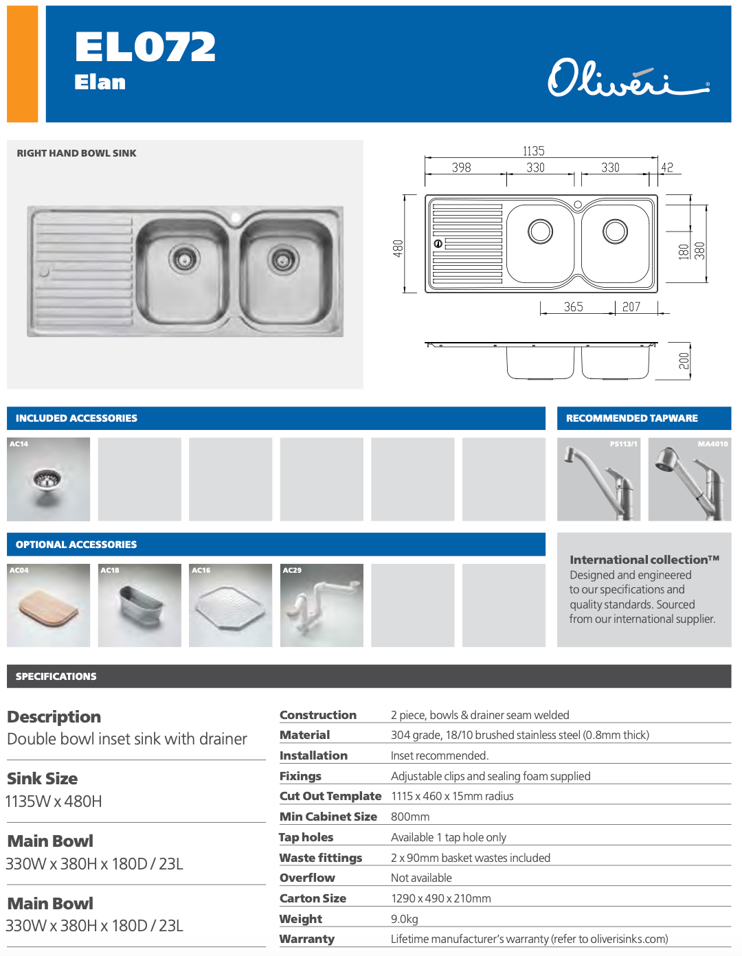 Oliveri EL071 Double Bowl Stainless Steel Sink