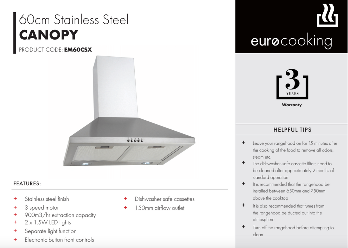 Euro EM60CSX 60cm High Power Stainless Steel Canopy Hood
