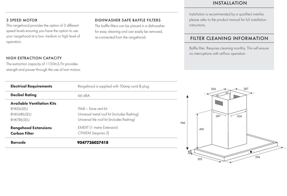 Euro Appliances EM60TCSX 60cm Canopy Rangehood - Special Order